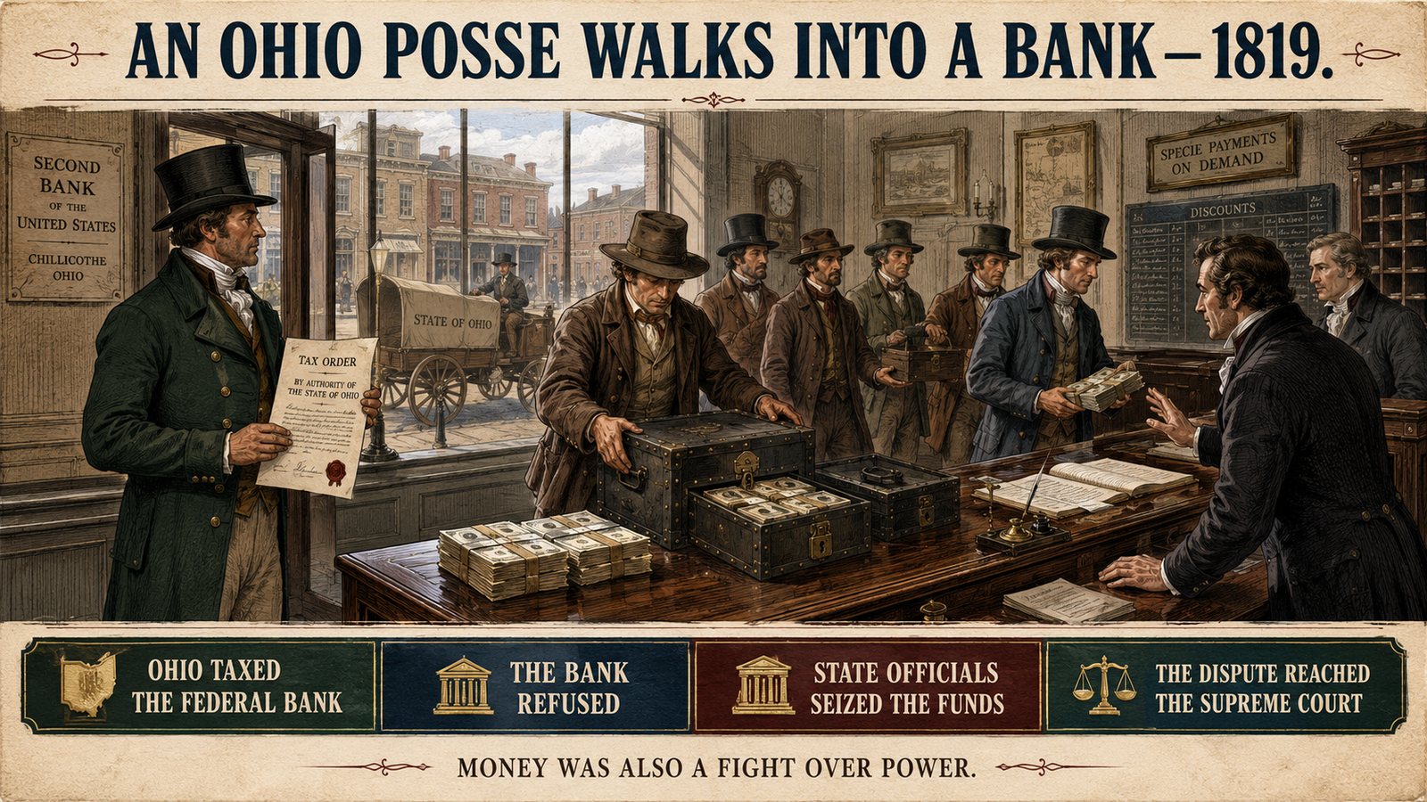 A storyboard illustration of the 1819 Ohio bank raid.